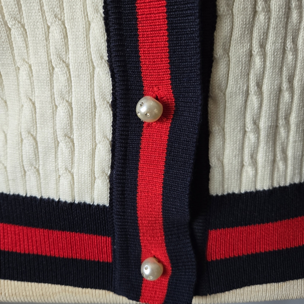 YANA Cream with Navy and Red Nautical Preppy Cardigan Sweater With Bow. Small - Picture 3 of 9